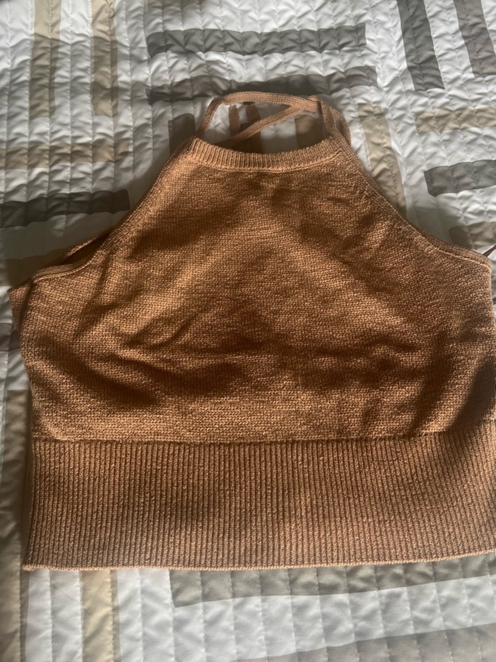 Express Ribbed Halter Crop Top in Beige